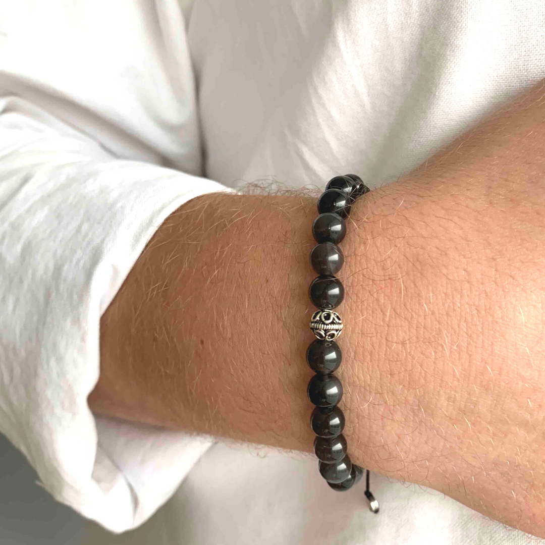 Men's Obsidian Bracelet, Men's Bracelets, Men's Beaded Bracelets, Silver Bracelet for Men