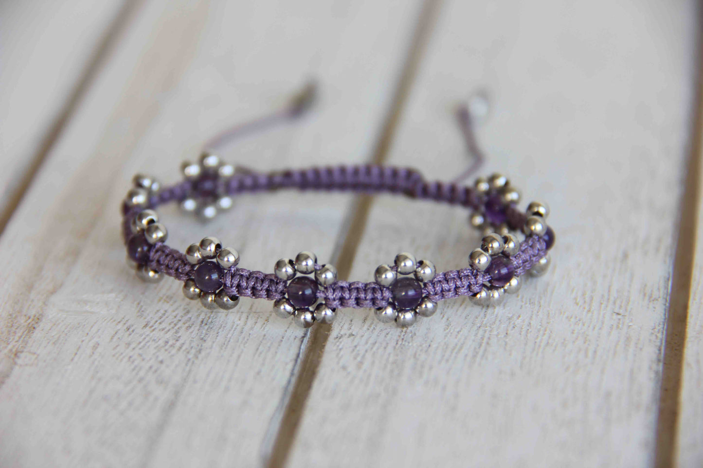 Amethyst Beaded Lavender Macrame Sterling Silver Flower Bracelet