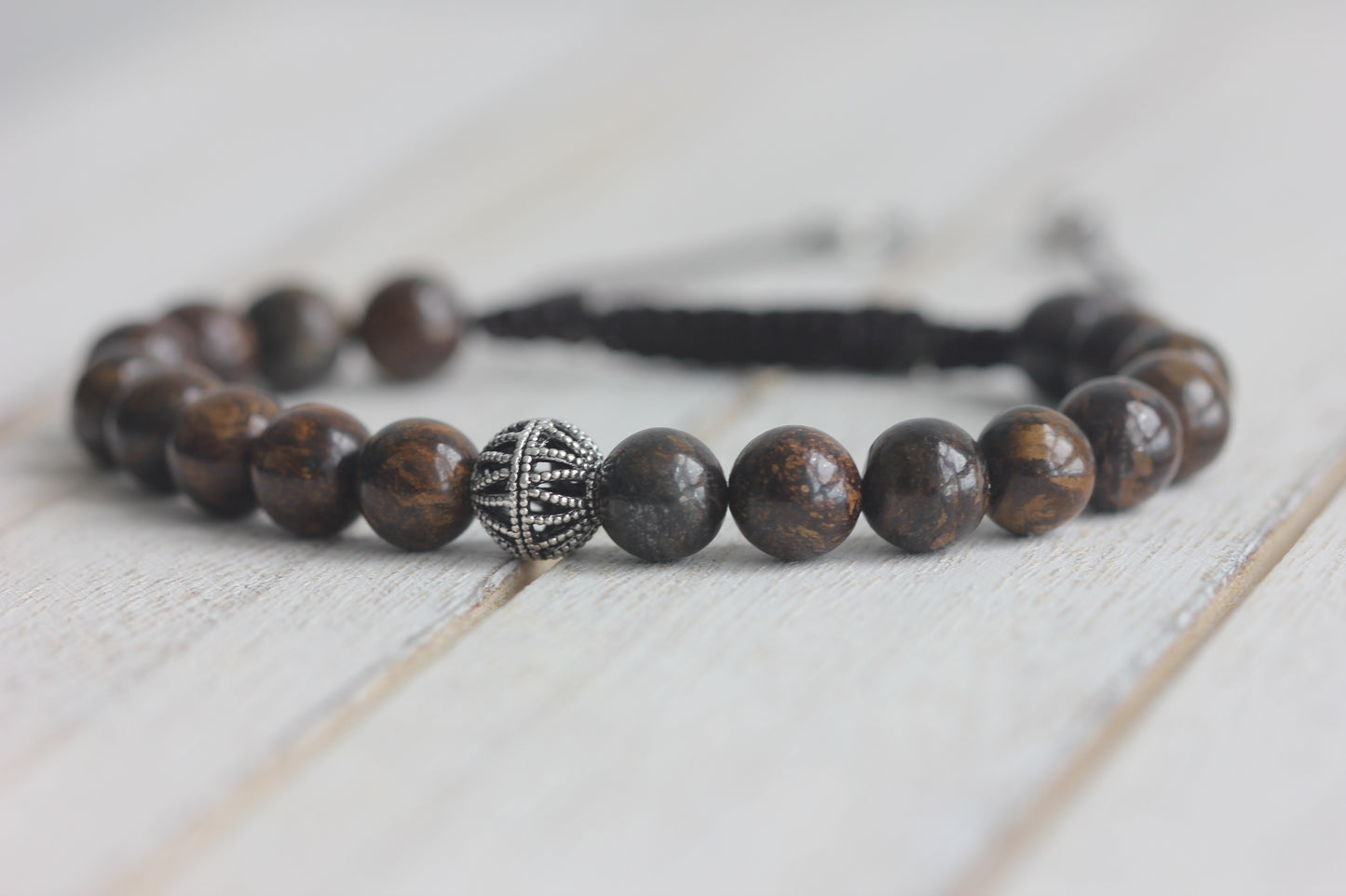 Men's Bronzite Bracelet, Men's Bracelets, Men's Beaded Bracelets, Silver Bracelet for Men