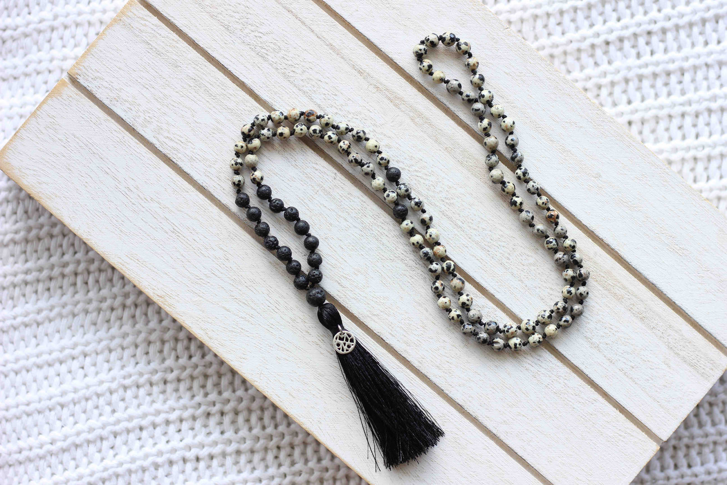 Dalmatian Jasper and Lava Beaded Mala - Mala Necklace