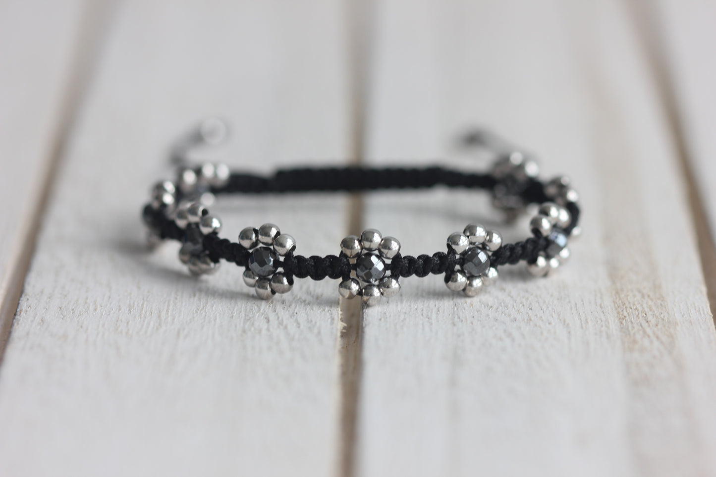 Hematite Beaded Black Macrame Flower Bracelet with Sterling Silver