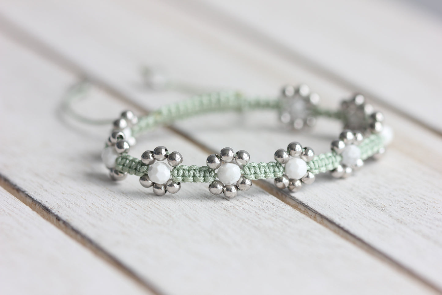 Howlite Beaded Mint Macrame Flower Bracelet with Sterling Silver