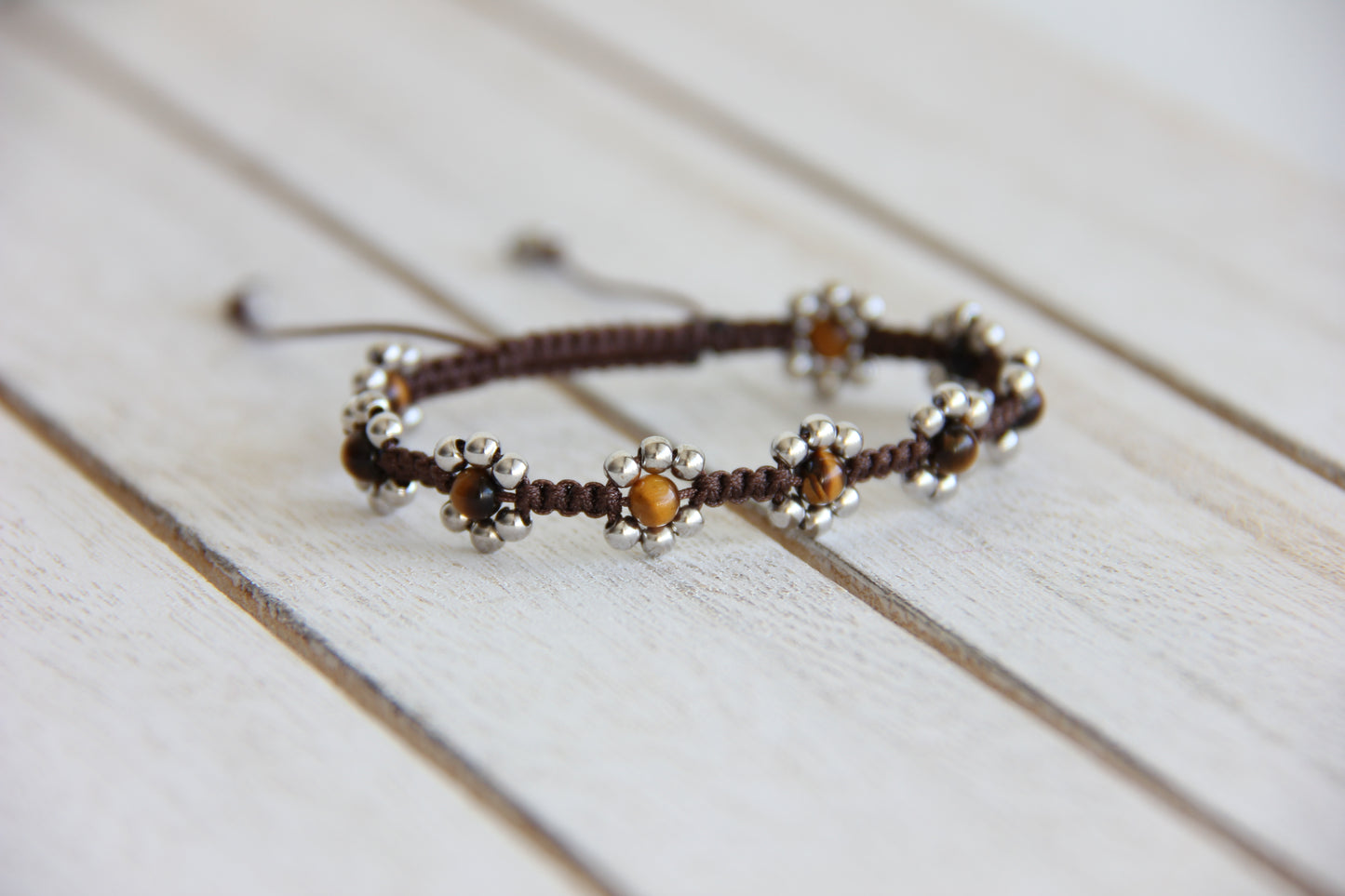 Tiger's Eye Beaded Dark Brown Flower Bracelet with Sterling Silver
