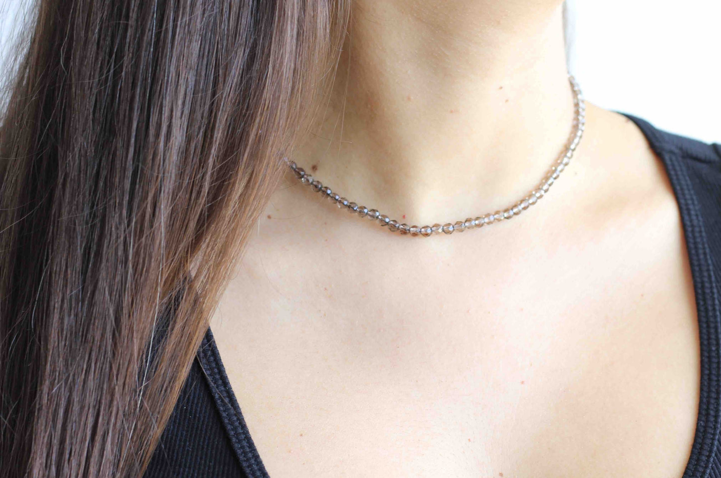 Handmade Minimal Choker Smoky Quartz Necklace with 925 Sterling Silver Closure