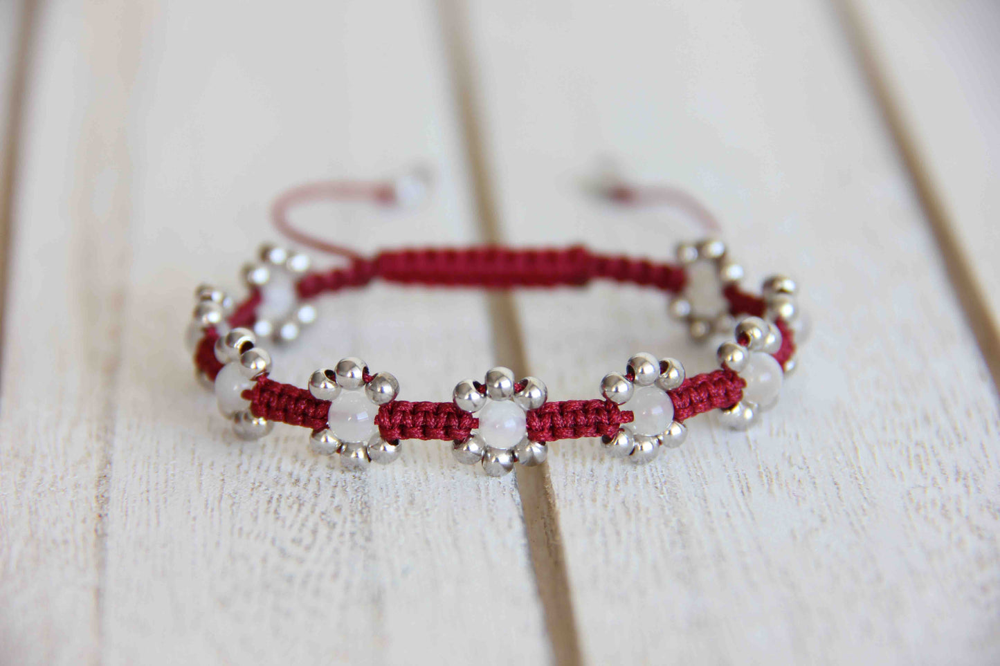 White Moonstone FLower bracelet with 925 Sterling Silver Beads