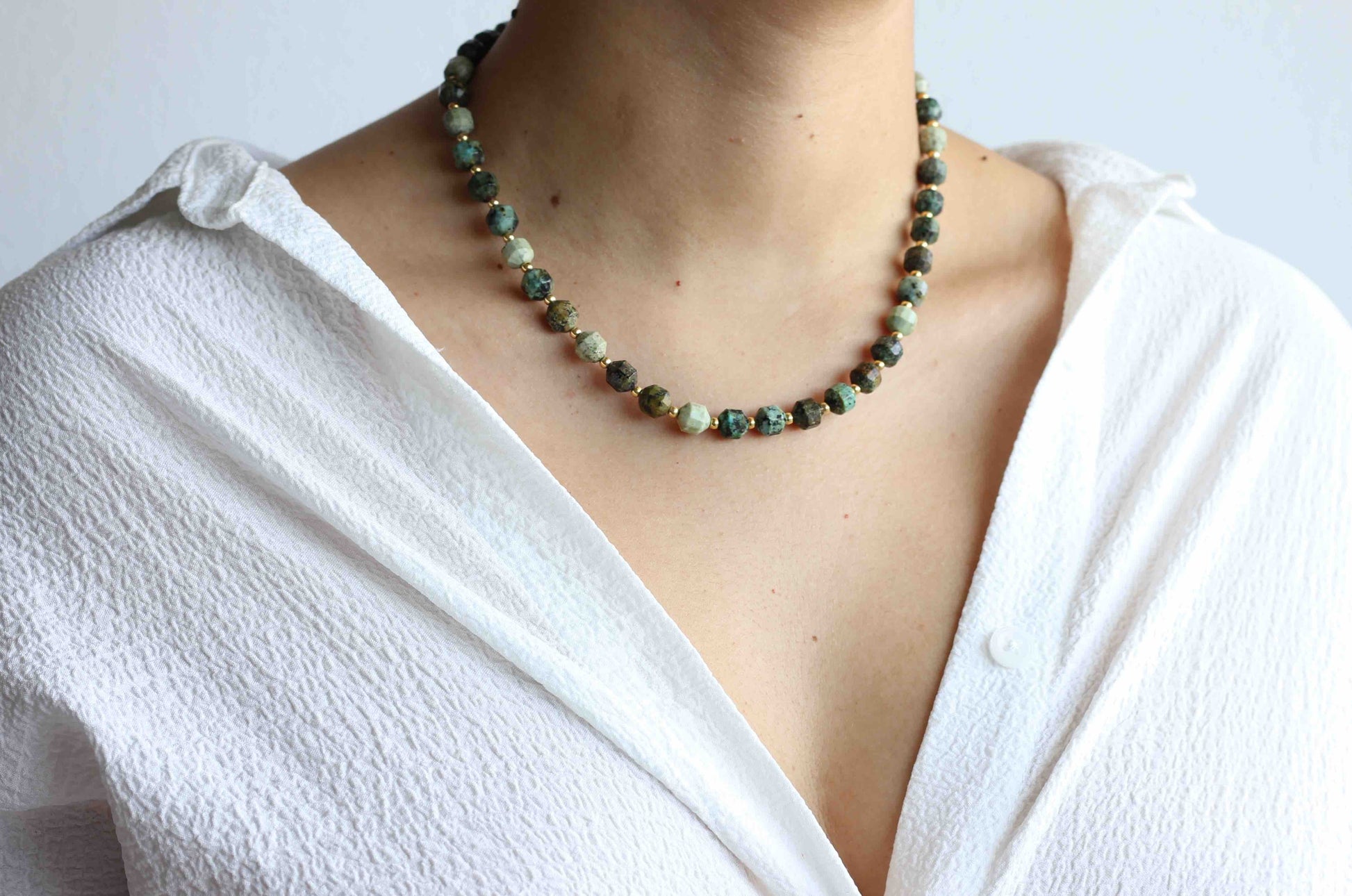 African Turquoise Beaded Gemstone Necklace with 14k gold plated sterling silver beads, silver jewelry, gemstone jewelry