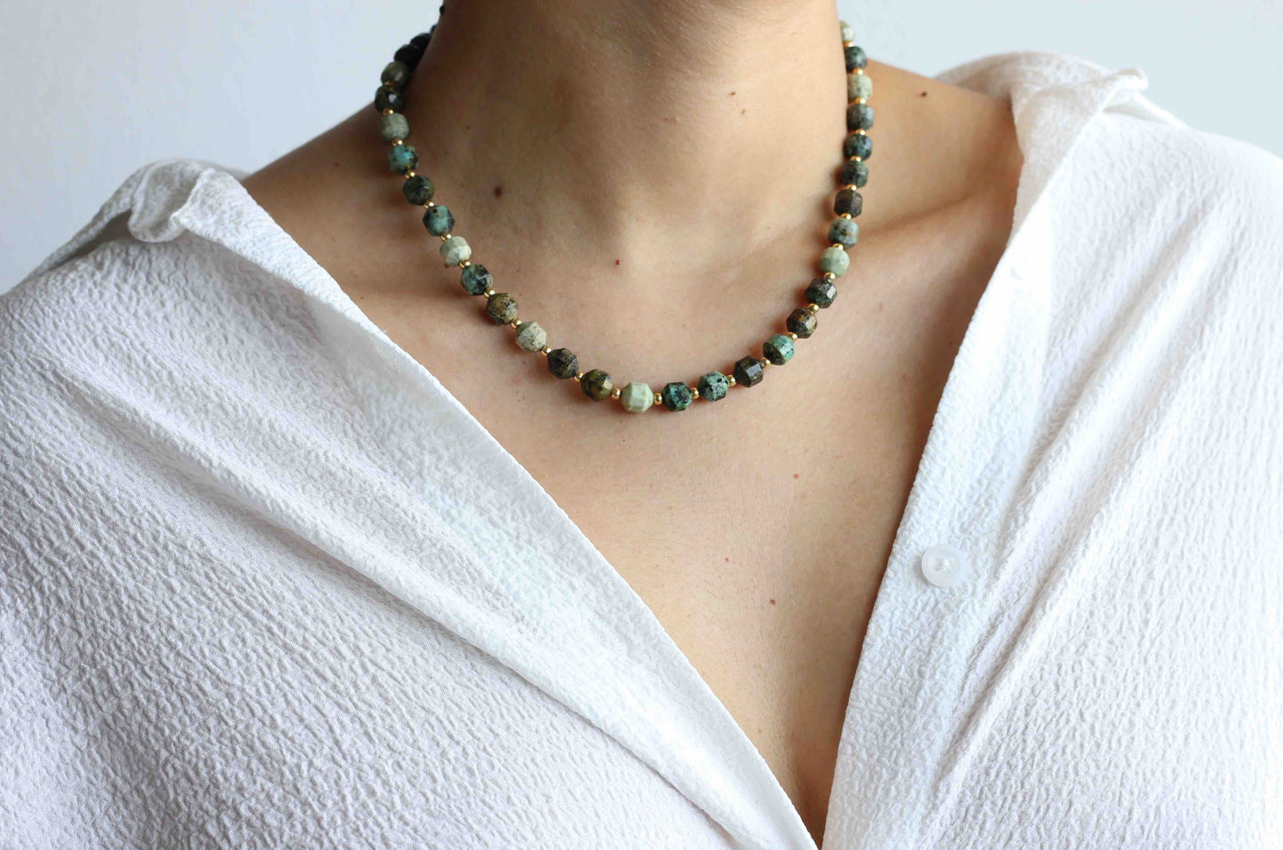 African Turquoise Beaded Gemstone Necklace with 14k gold plated sterling silver beads, silver jewelry, gemstone jewelry