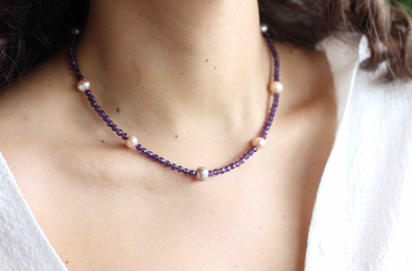 Amethyst Pearl Necklace, Pearl Necklace, Amethyst Necklace, Gemstone Necklace, Necklace for Women, Crown Chakra Jewelry