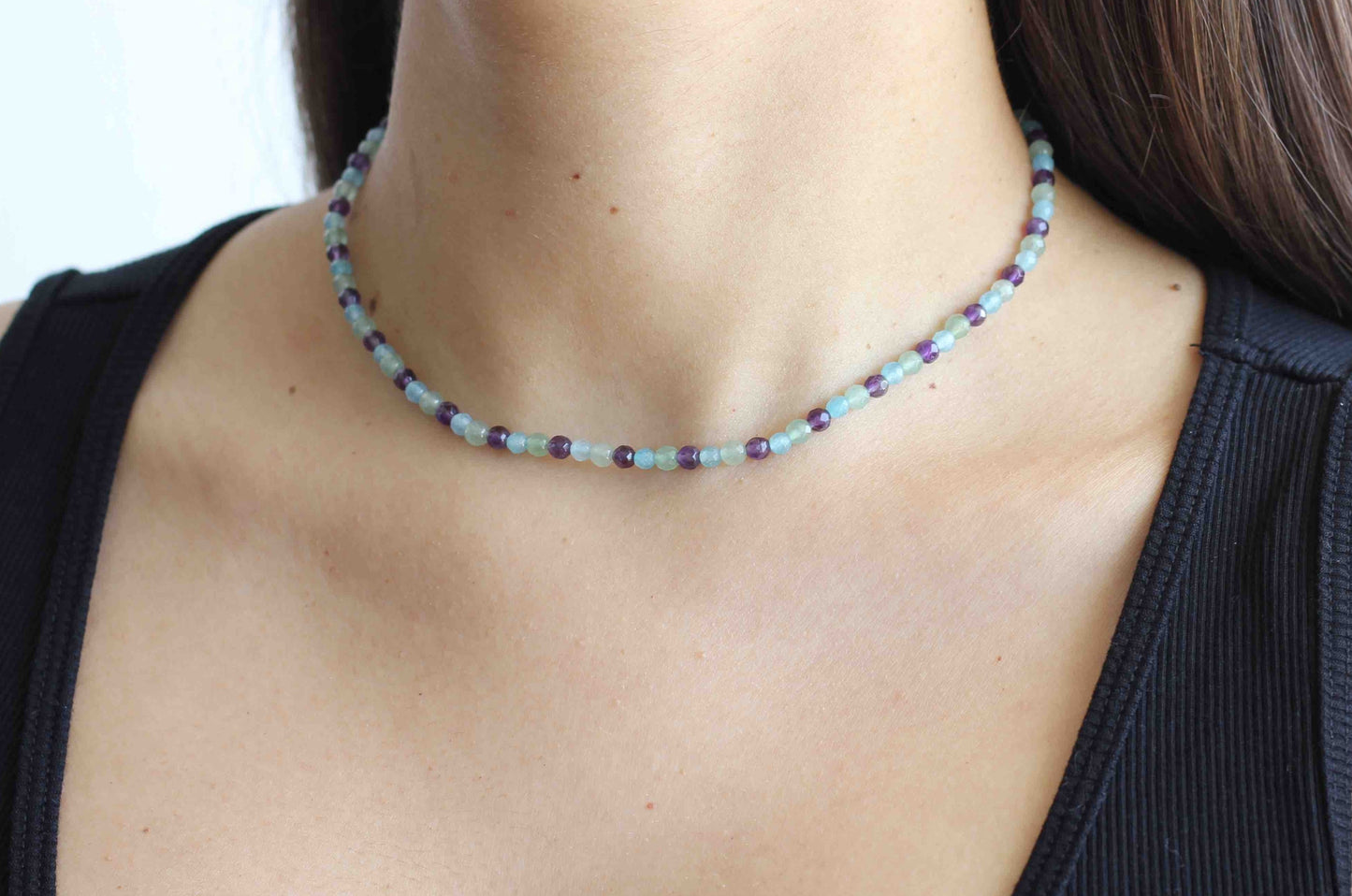 Handmade Minimalist Amethyst Blue Quartz Green Aventurine Beaded Gemstone Choker Necklace with Sterling Silver Closure