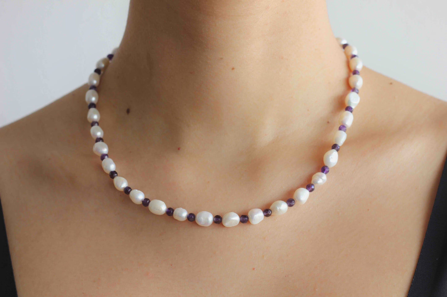 Amethyst Beaded Necklace with Natural Mini Pearls