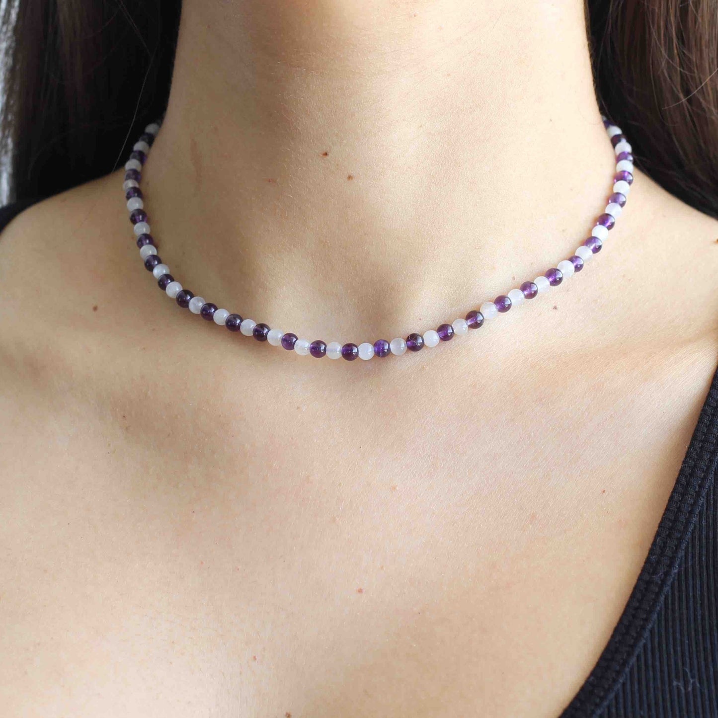 Handmade Minimal Choker Amethyst and White Moonstone Necklace with Custom Made 925 Sterling Silver Closure