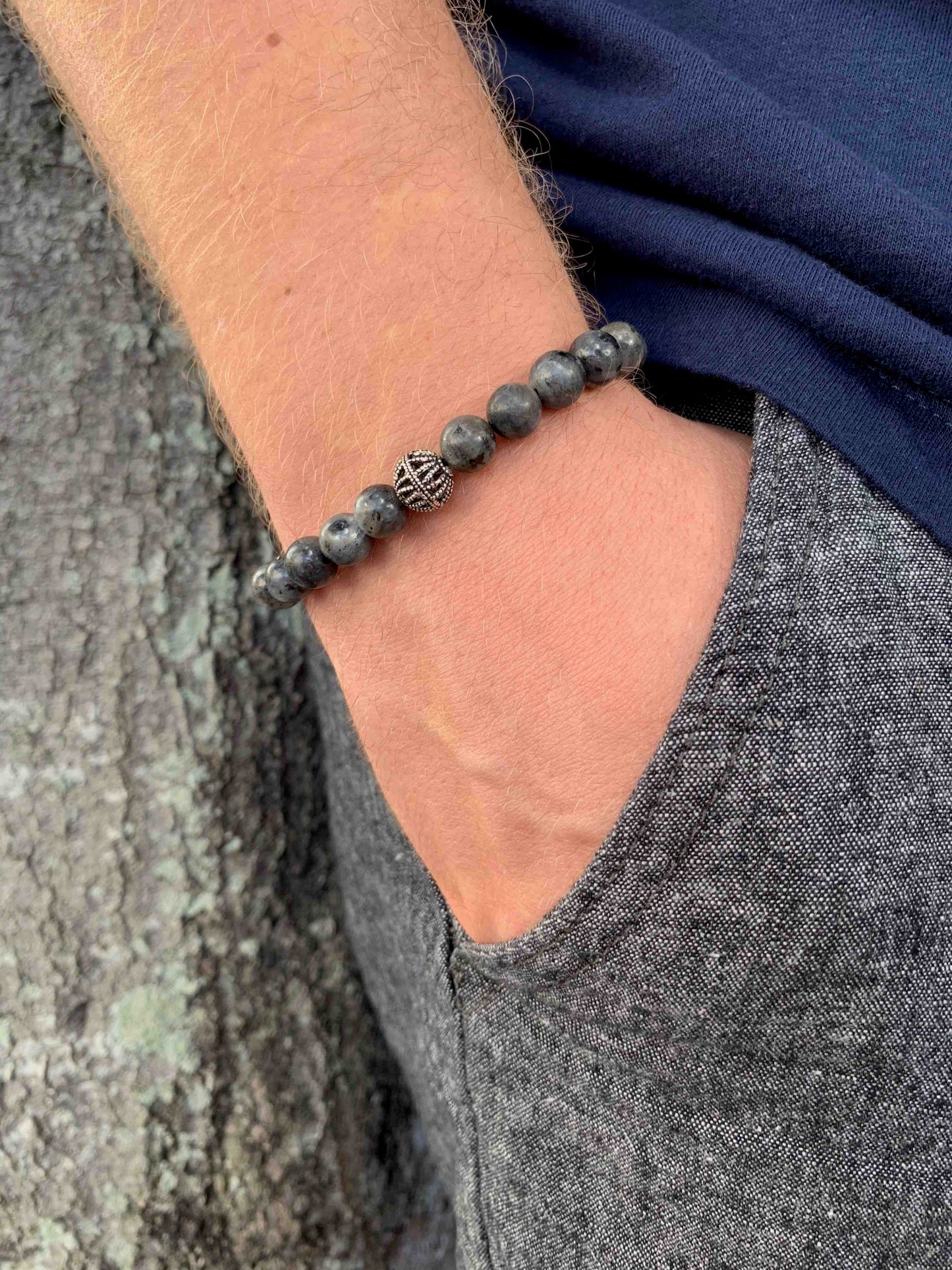 Men's Black Labradorite Bracelet, Men's Bracelets, Men's Beaded Bracelets, Silver Bracelet for Men