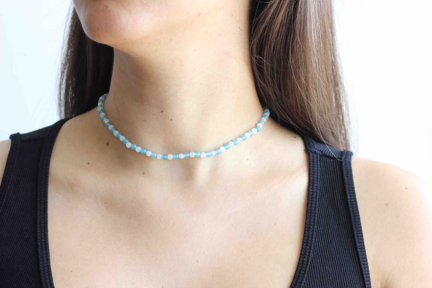 Handmade Minimalist Blue Quartz and White Moonstone Beaded Gemstone Choker Necklace with Sterling Silver Closure