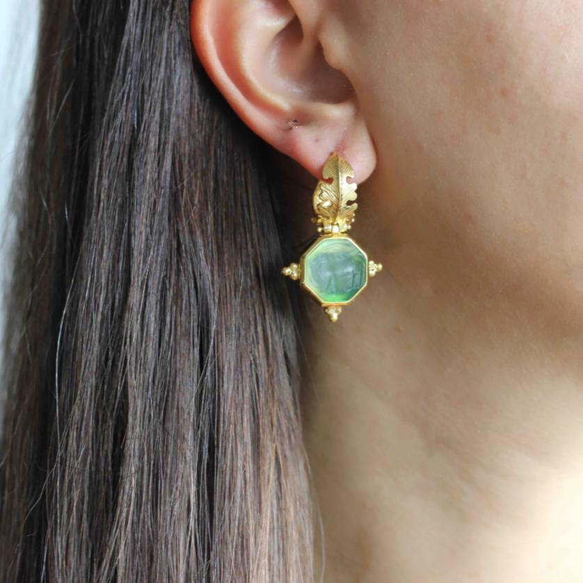 Ancient Gold Earrings, Greek Gold Green Earrings, Gemstone