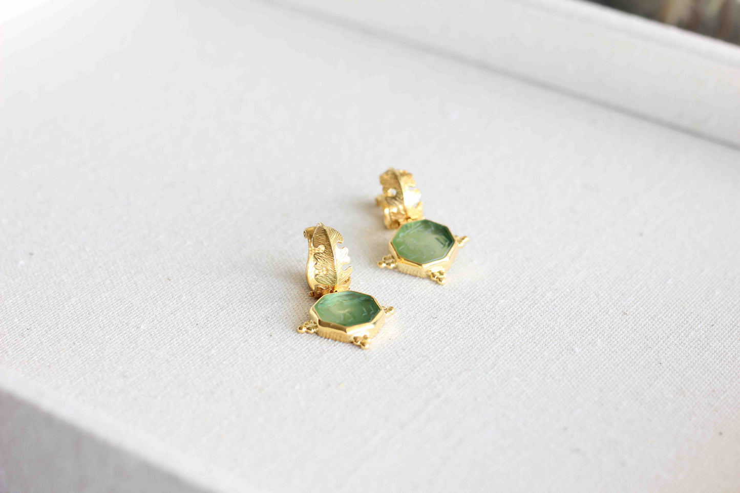 Handmade Ancient Gold Green Agate Earrings