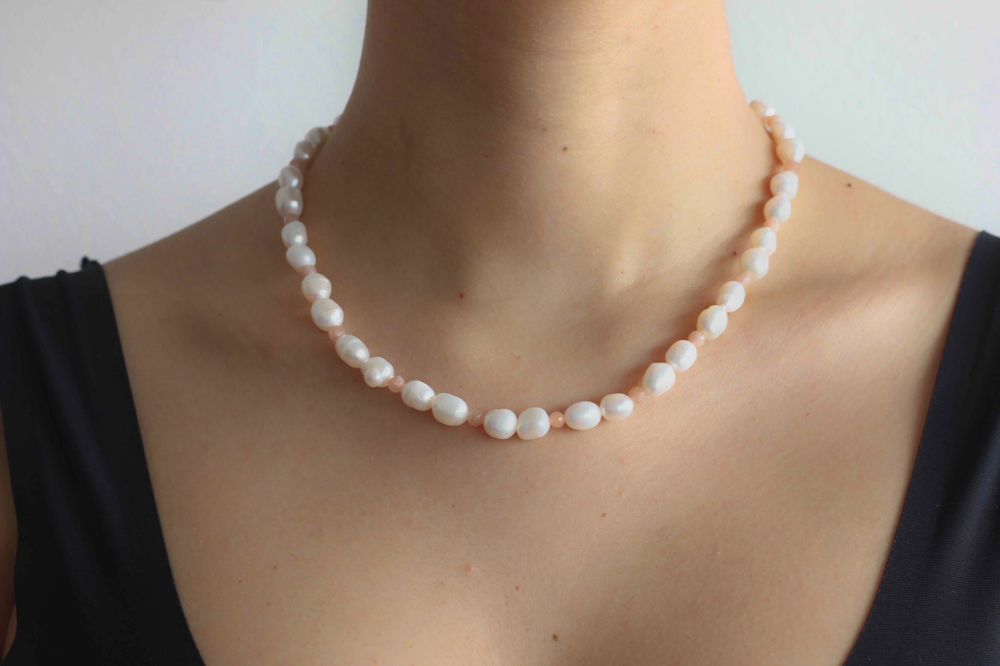 Pink Moonstone Beaded Necklace with Natural Pearl