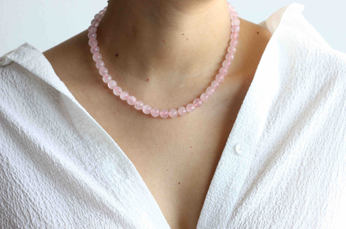 Rose Quartz Beaded Gemstone Necklace with 925 Sterling Silver Closure Button, Handmade Rose Quartz Jewelry