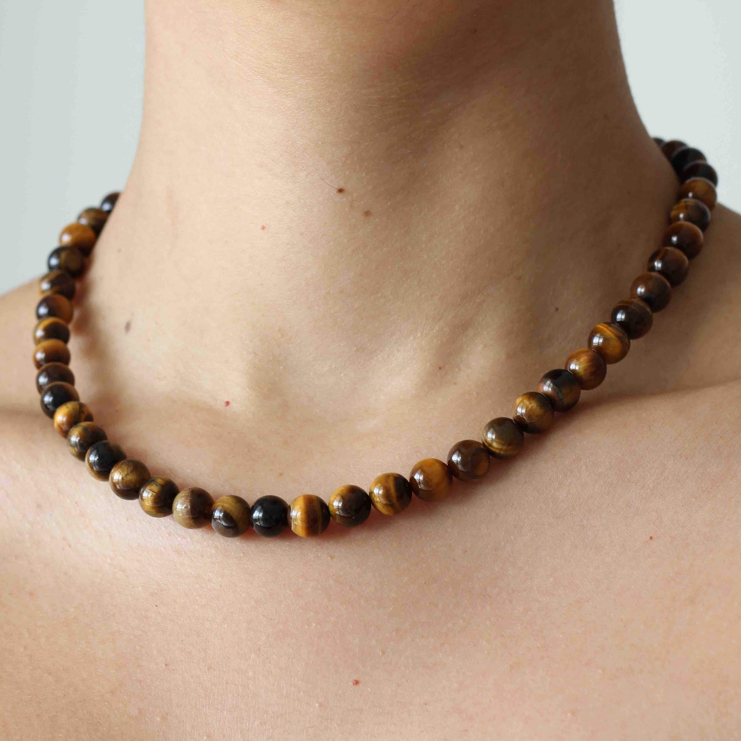 Tiger's Eye Beaded Gemstone Necklace with 925 Sterling Silver Closure