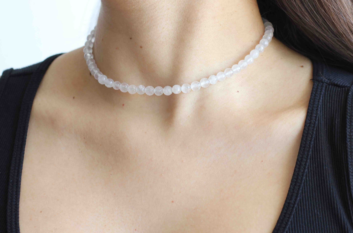 Handmade Minimalist Quartz Beaded Gemstone Choker Necklace with Sterling Silver Closure