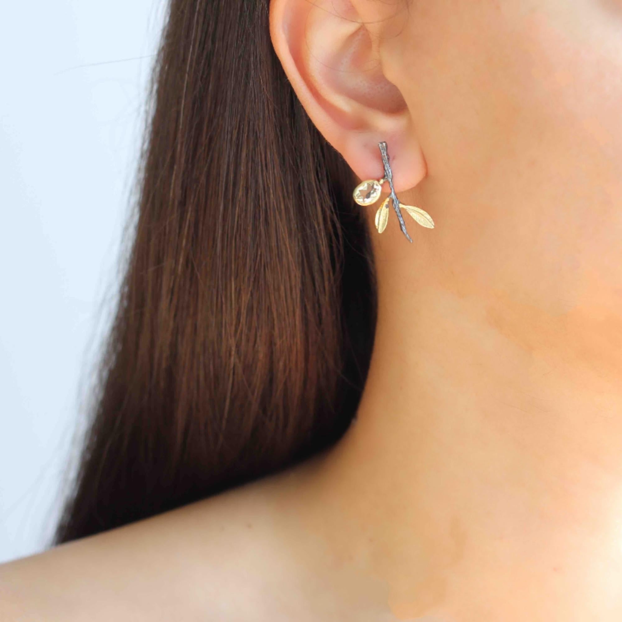 18k gold and black rhodium plated silver leaf earrings with ctirine gemstone