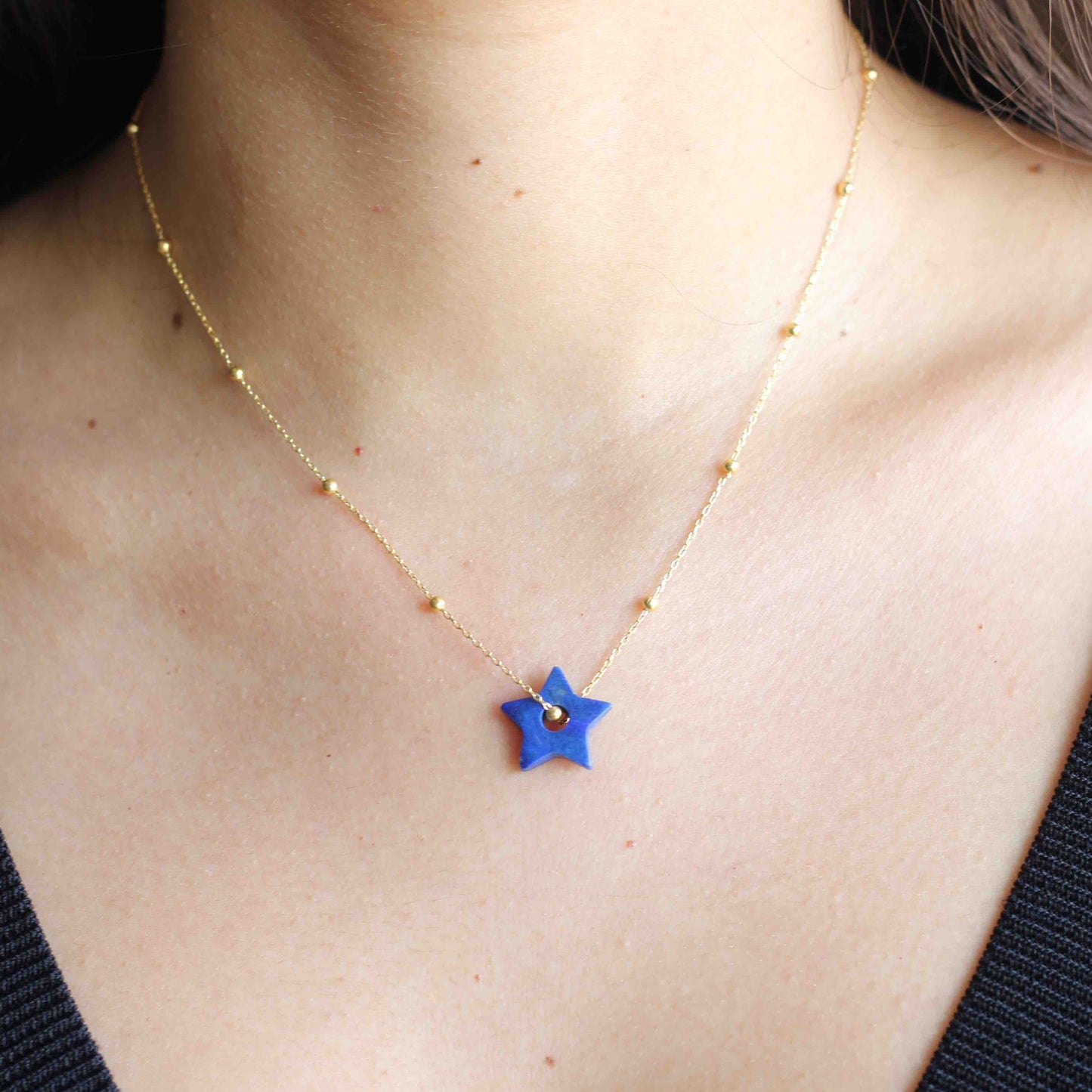 unique 18K Gold micro plated minimal chain necklaces on solid 925 Sterling Silver with the nature's beautiful Lapis gemstone. 