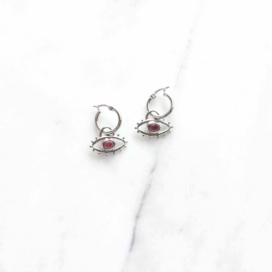 The perfect everyday earrings to wear against the "evil eyes". This gorgeous minimal silver evil eye earrings are made with natural Pink Tourmalines and solid 925 sterling silver