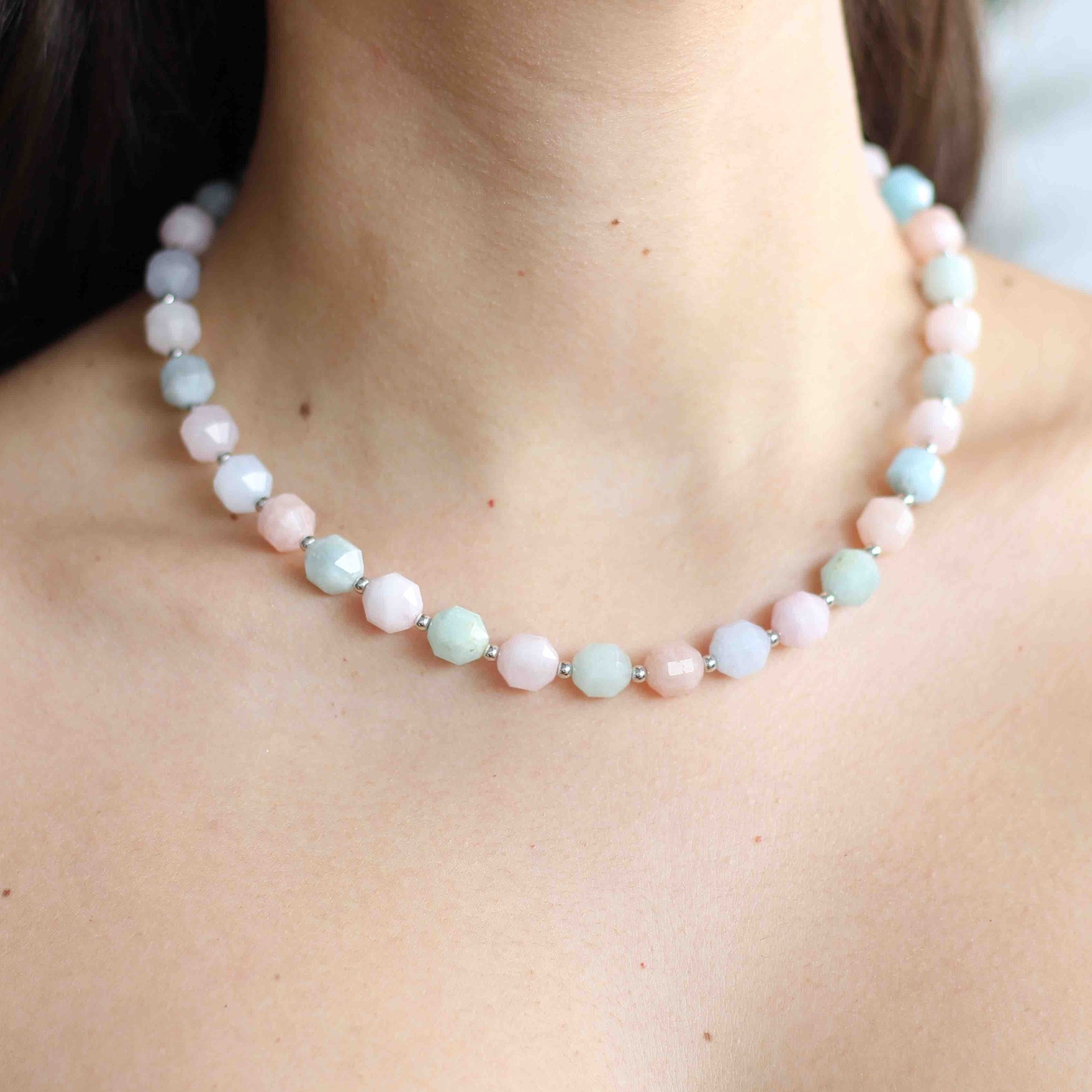 Morganite Beaded Necklace with 925 Sterling Silver Beads