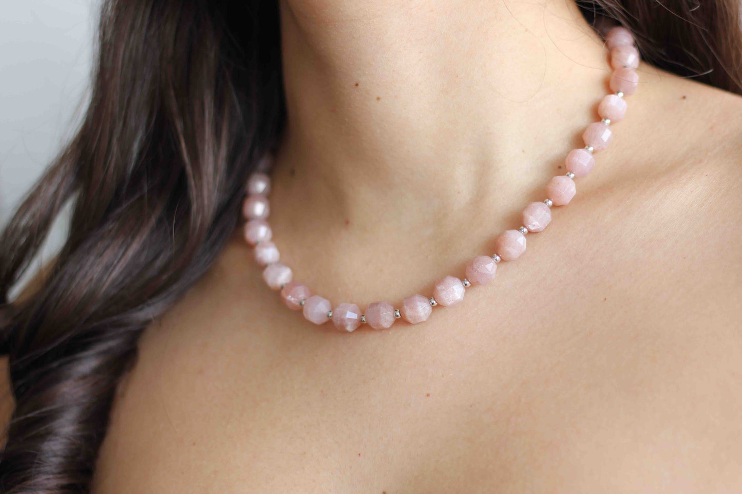Pink Moonstone Necklace with 925 Sterling Silver Beads