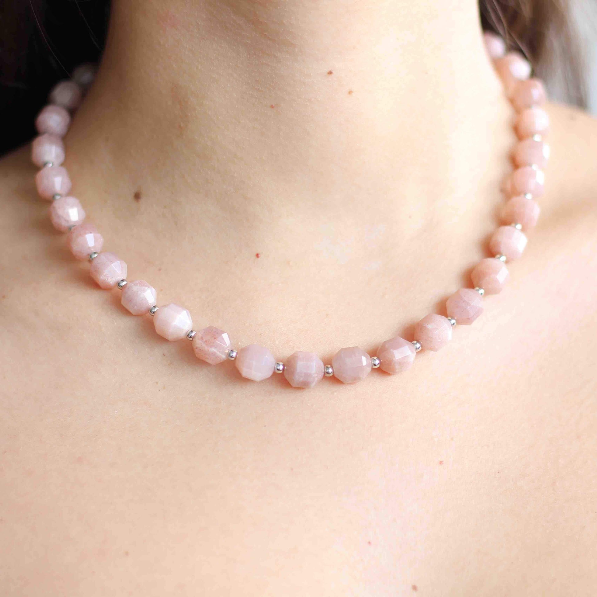 Pink Moonstone Necklace with 925 Sterling Silver Beads