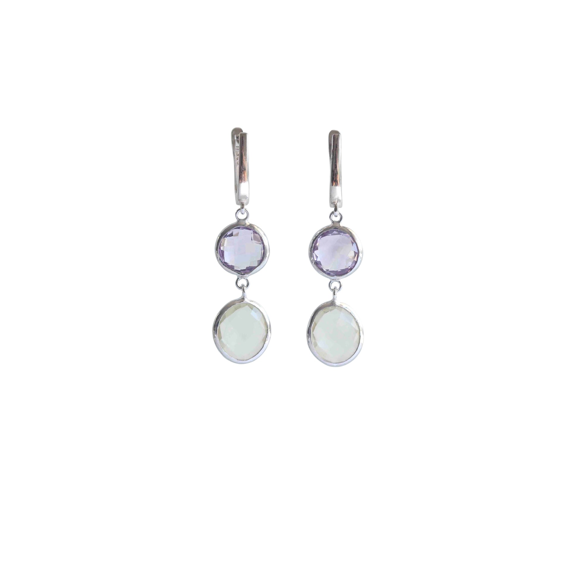Iris Amethyst and Green Quartz Earrings, Handmade minimal sterling silver gemstone earrings