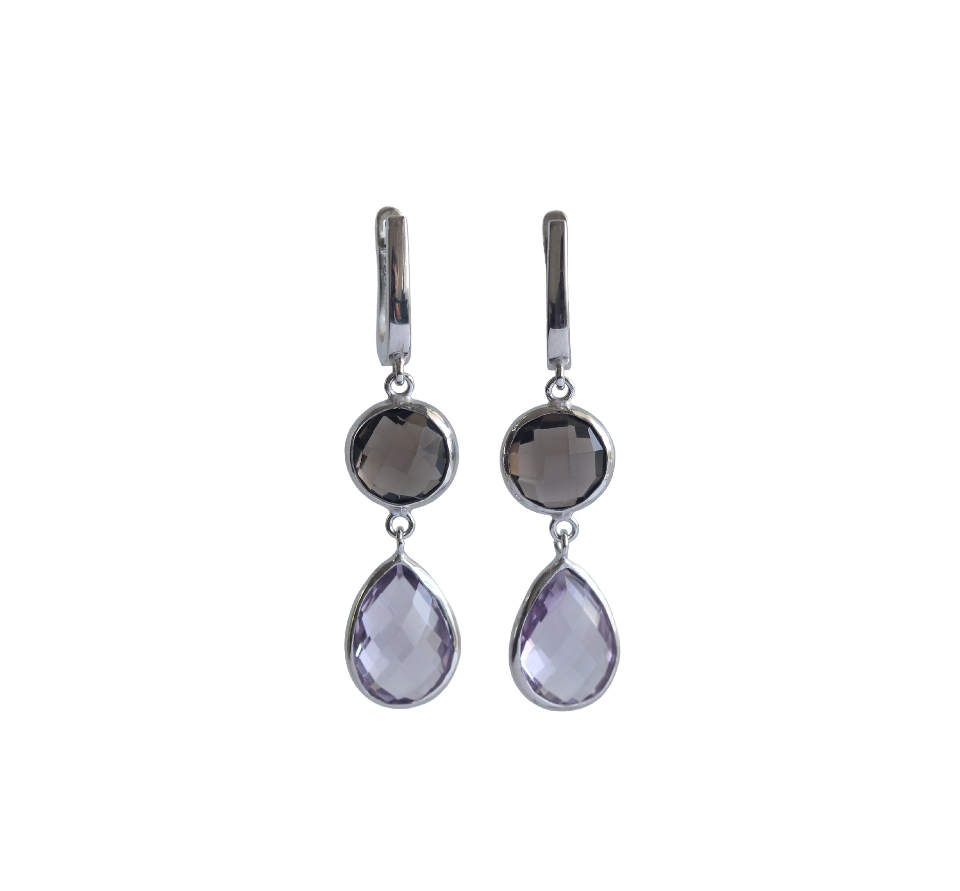 Daphne Smoky Quartz and Amethyst Earrings, Handmade minimal sterling silver gemstone earrings