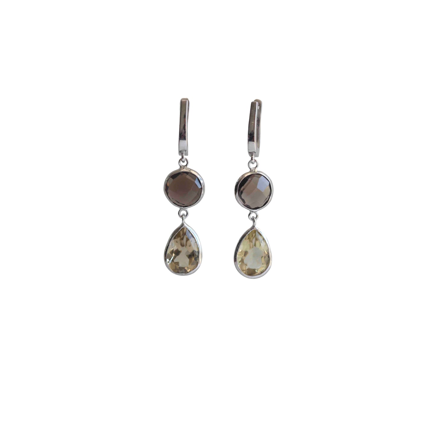 Hera Smoky Quartz and Green Quartz Earrings, Handmade minimal sterling silver gemstone earrings