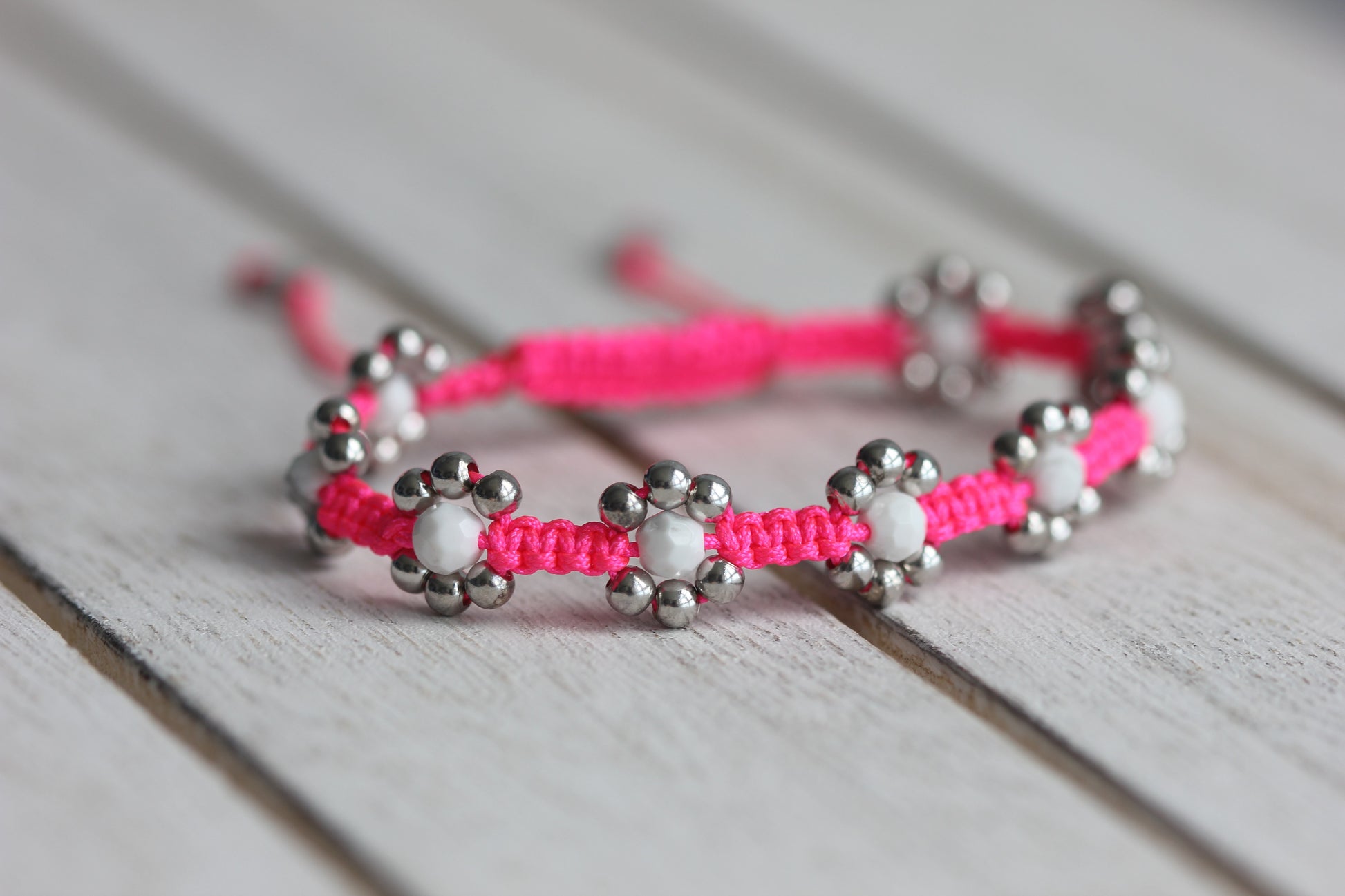 Howlite Beaded Neon Pink Flower Bracelet with Sterling Silver 