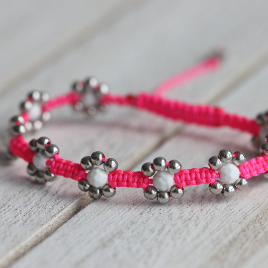 Howlite Beaded Neon Pink Flower Bracelet with Sterling Silver 
