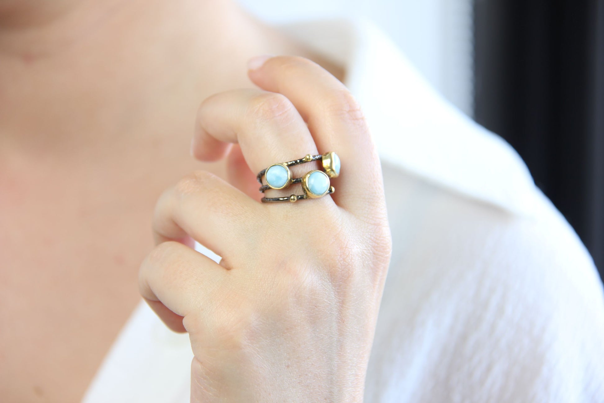 Larimar beaded Sterling Silver Gemstone Rings that are adjustable from the bottom.