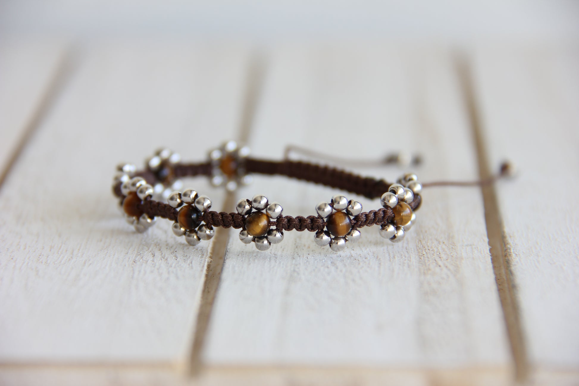 Tiger's Eye Beaded Flower Bracelet Stone of Success Macrame