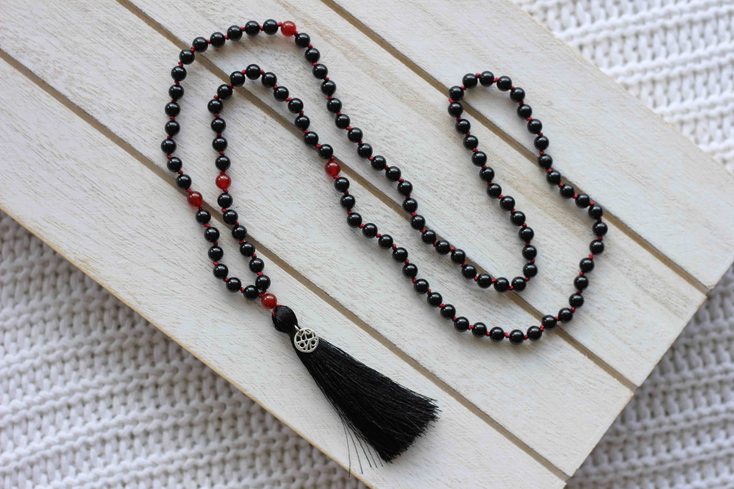 Onyx and Red Agate Beaded Mala - Mala Necklace