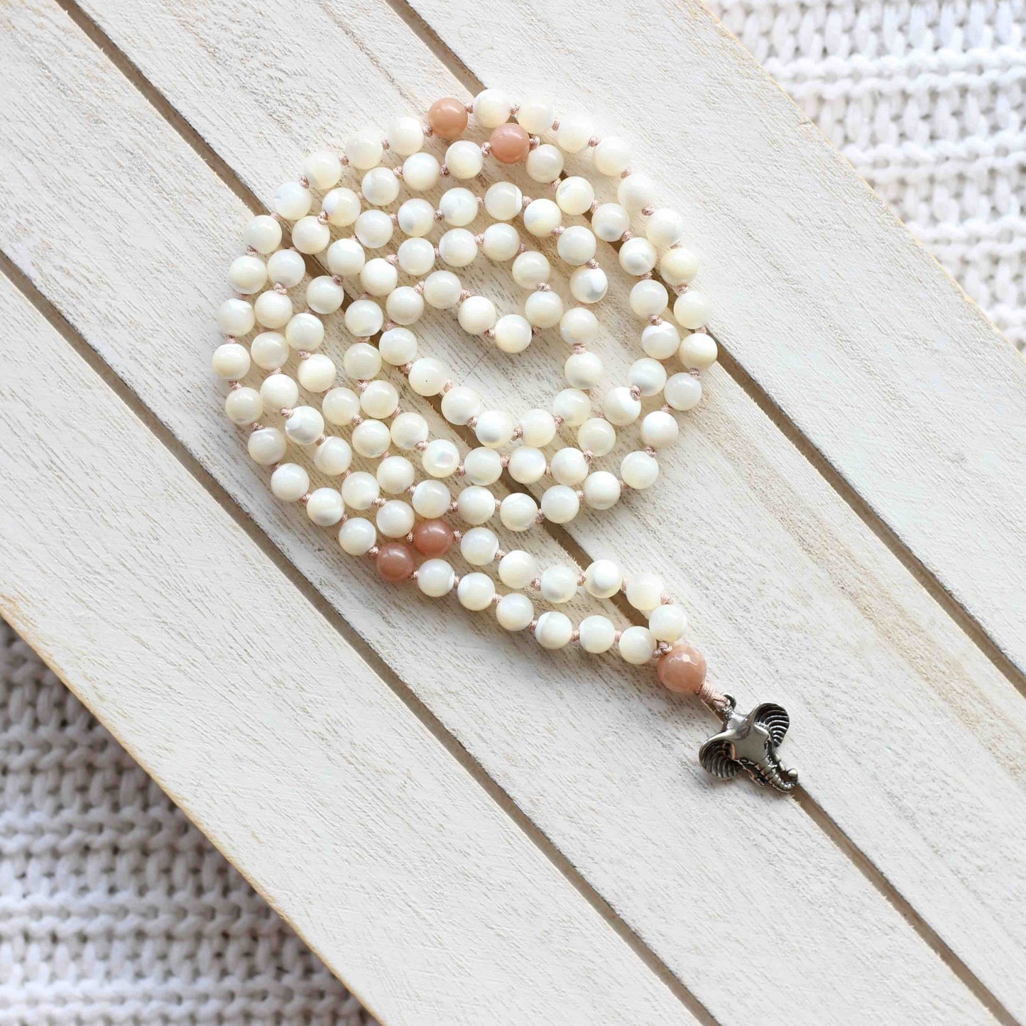 Pink Moonstone and Mother of Pearl Beaded Mala - Mala Necklace