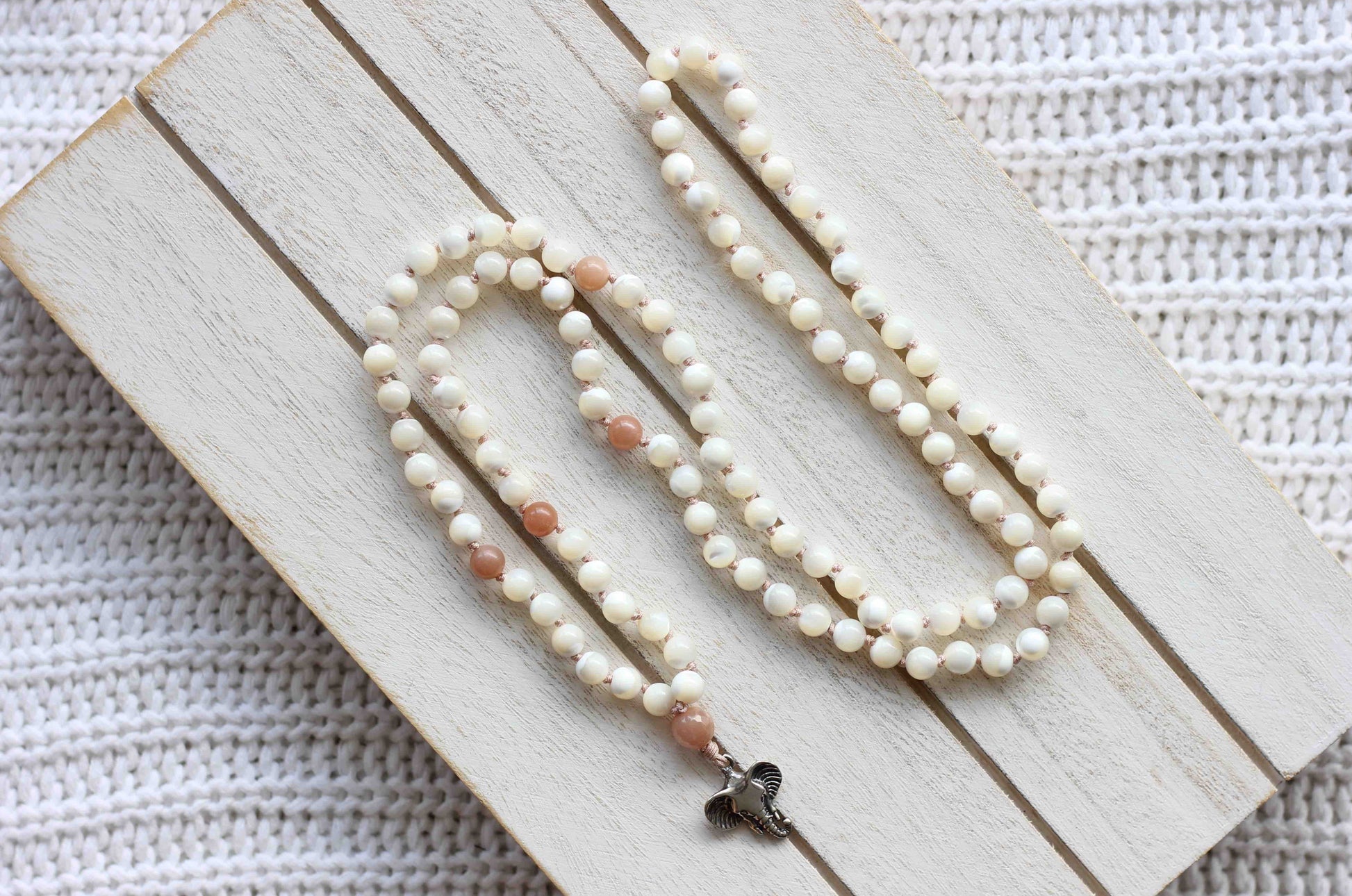 Pink Moonstone and Mother of Pearl Beaded Mala - Mala Necklace