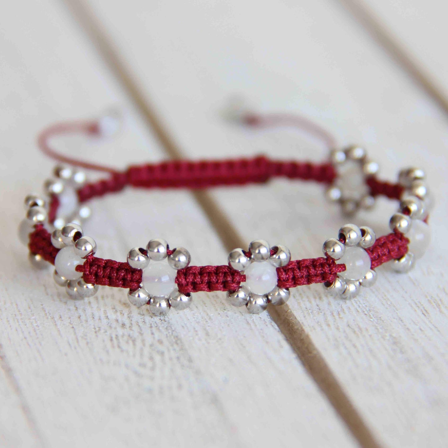 White Moonstone FLower bracelet with 925 Sterling Silver Beads