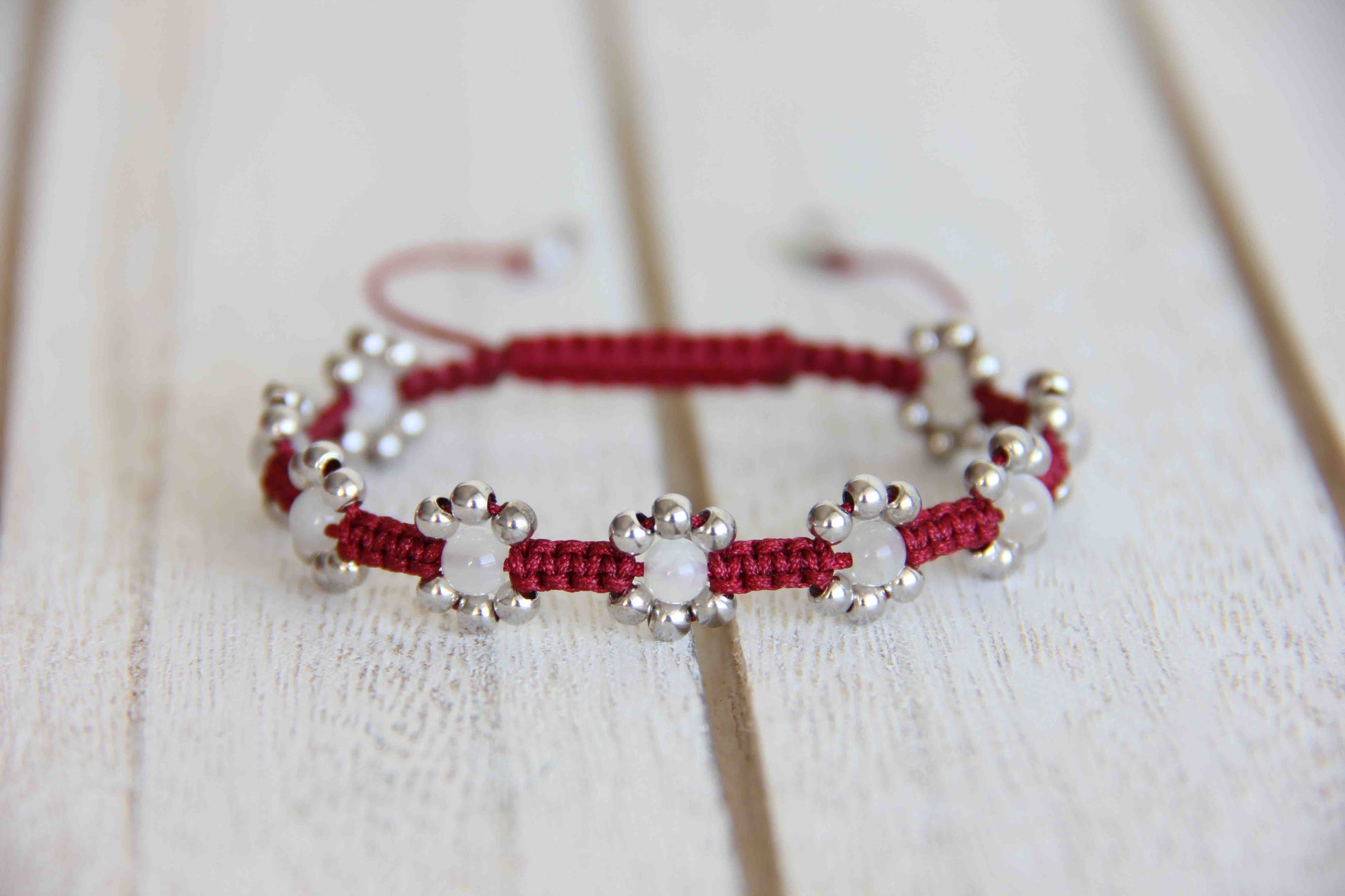 White Moonstone FLower bracelet with 925 Sterling Silver Beads