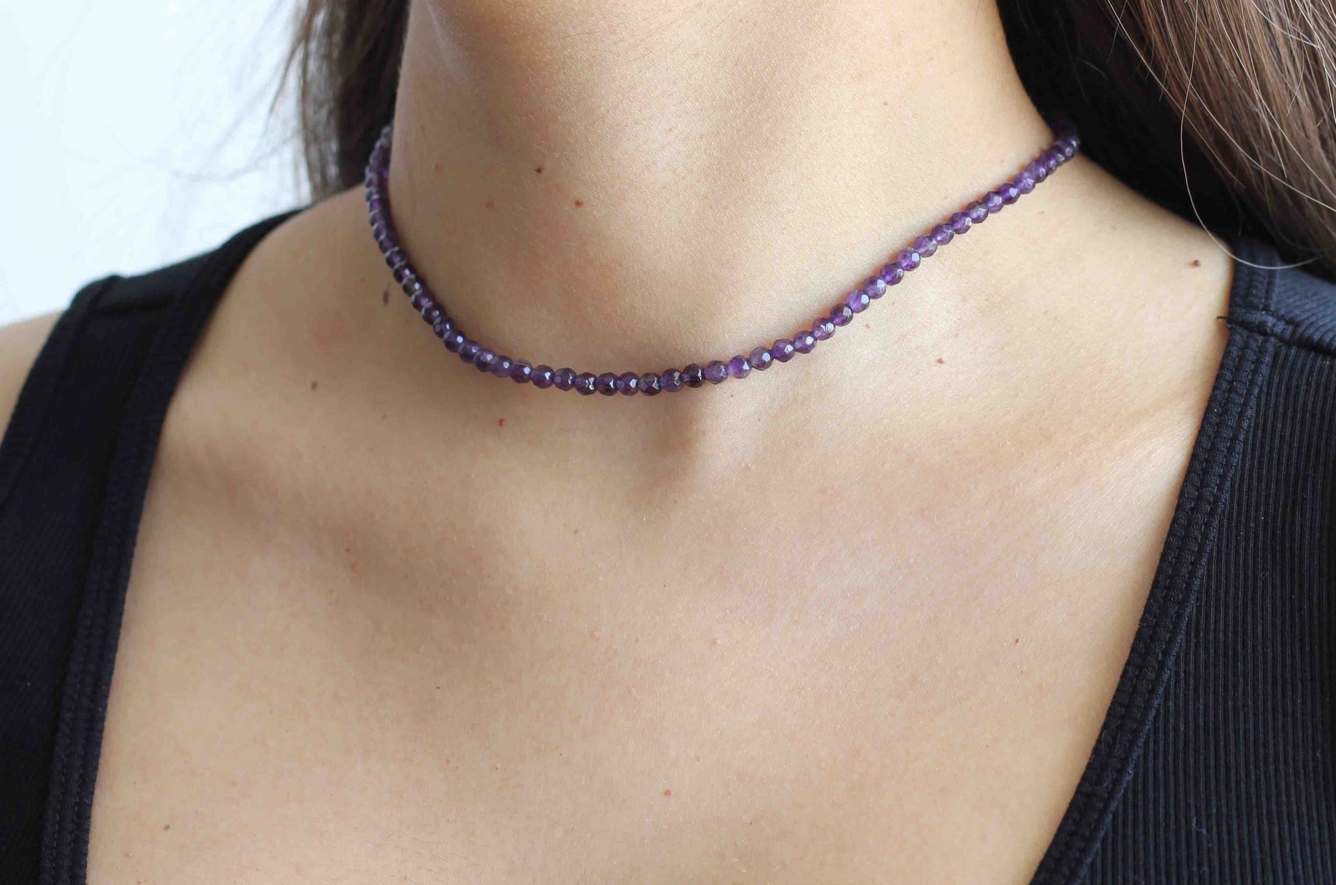 Handmade Minimal Choker Amethyst Necklace with 925 Sterling Silver Closure