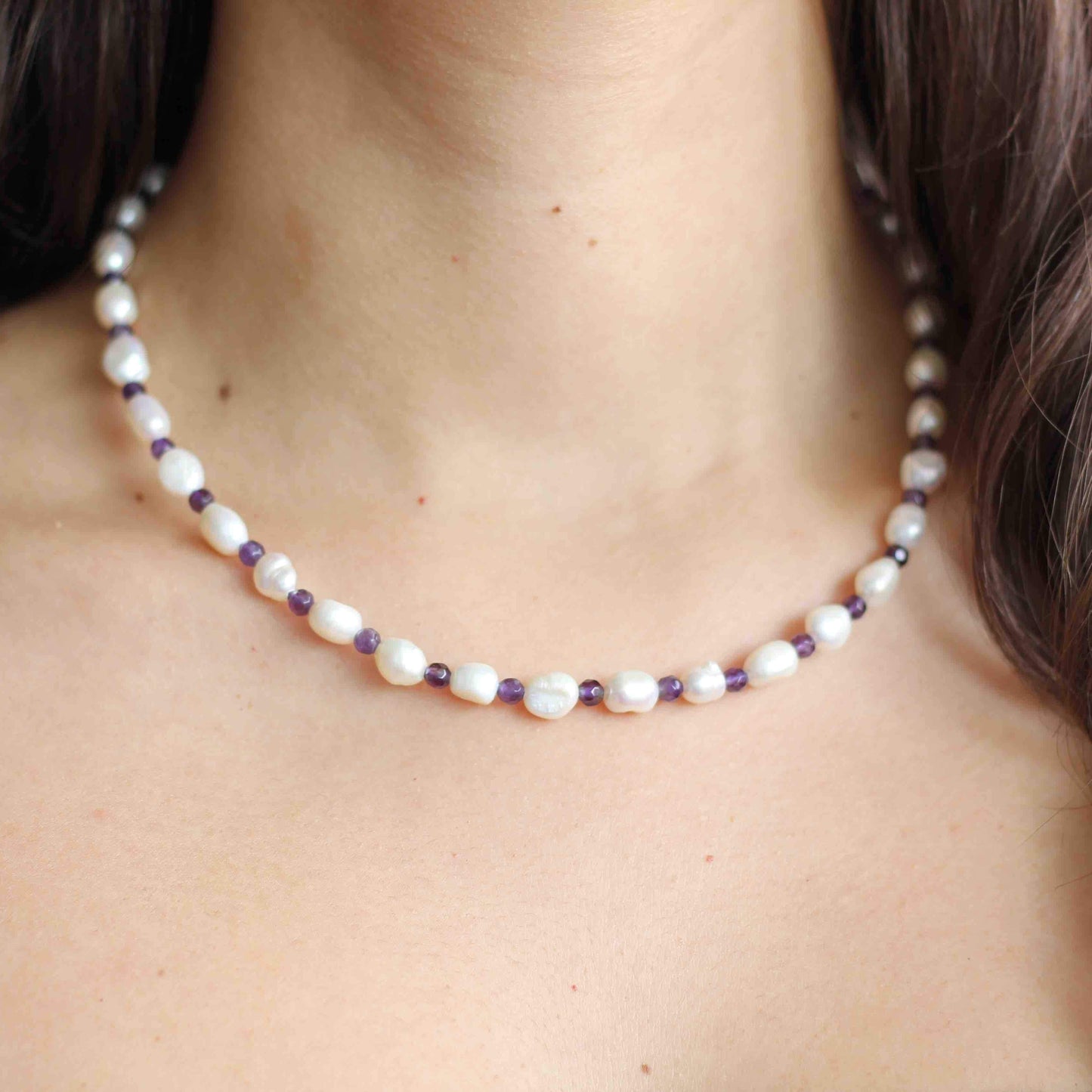 Amethyst Beaded Necklace with Natural Mini Pearls