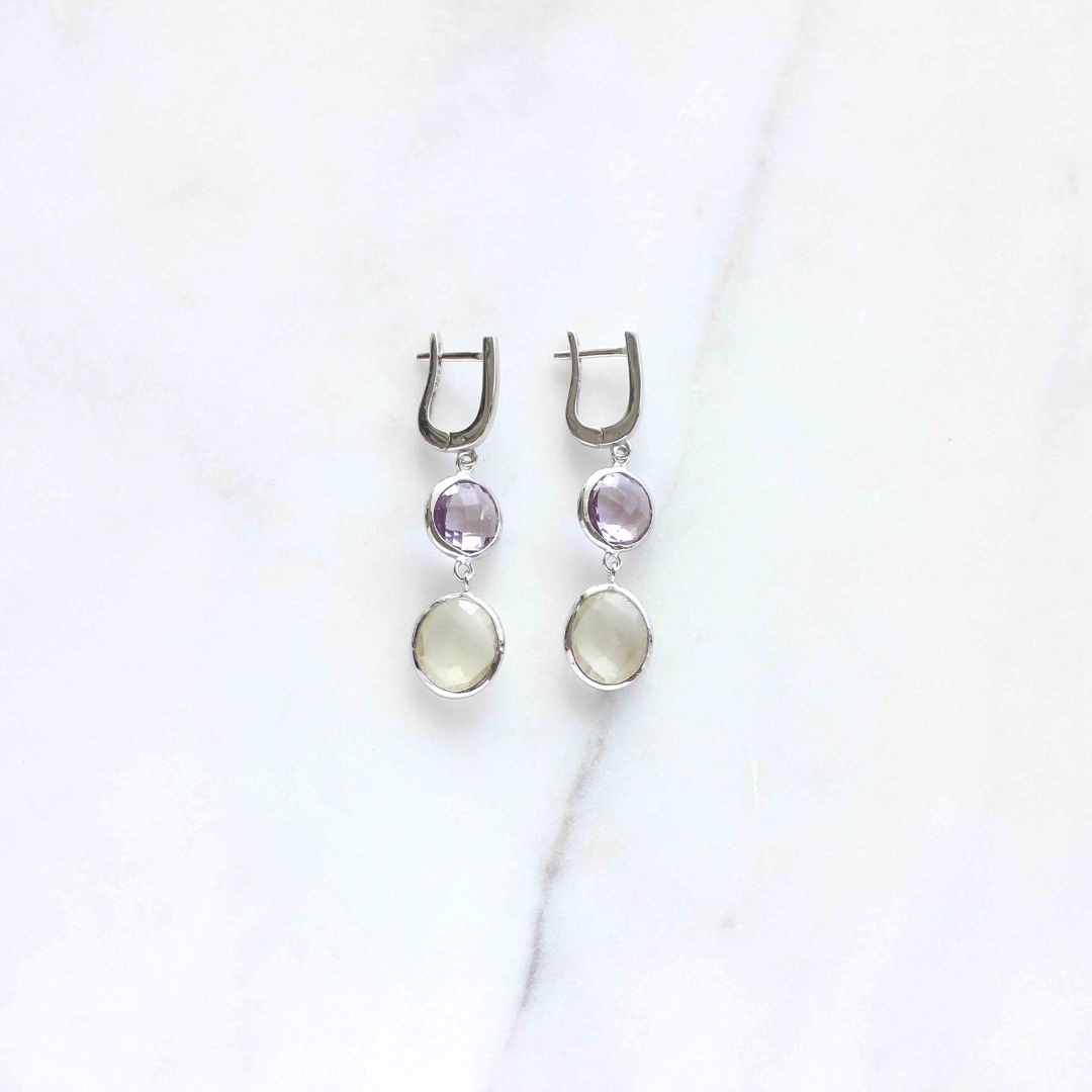 Iris Amethyst and Green Quartz Earrings, Handmade minimal sterling silver gemstone earrings