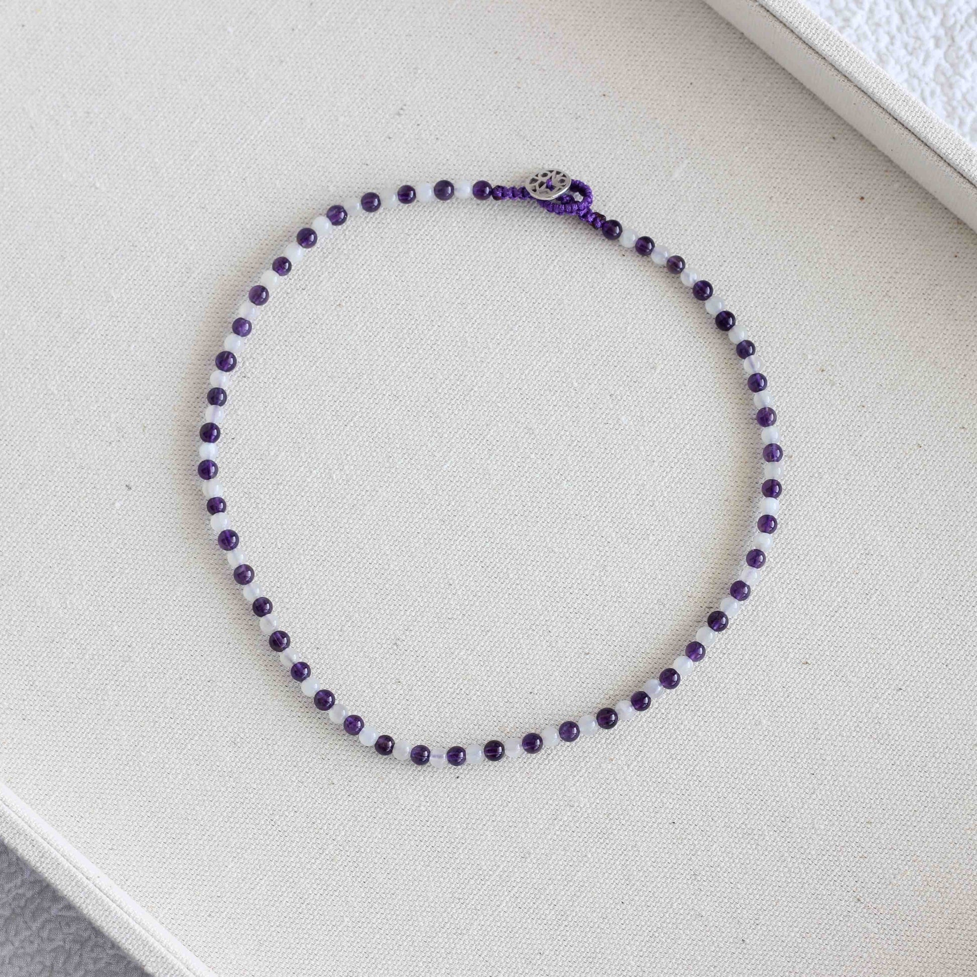 Handmade Minimal Choker Amethyst and White Moonstone Necklace with Custom Made 925 Sterling Silver Closure