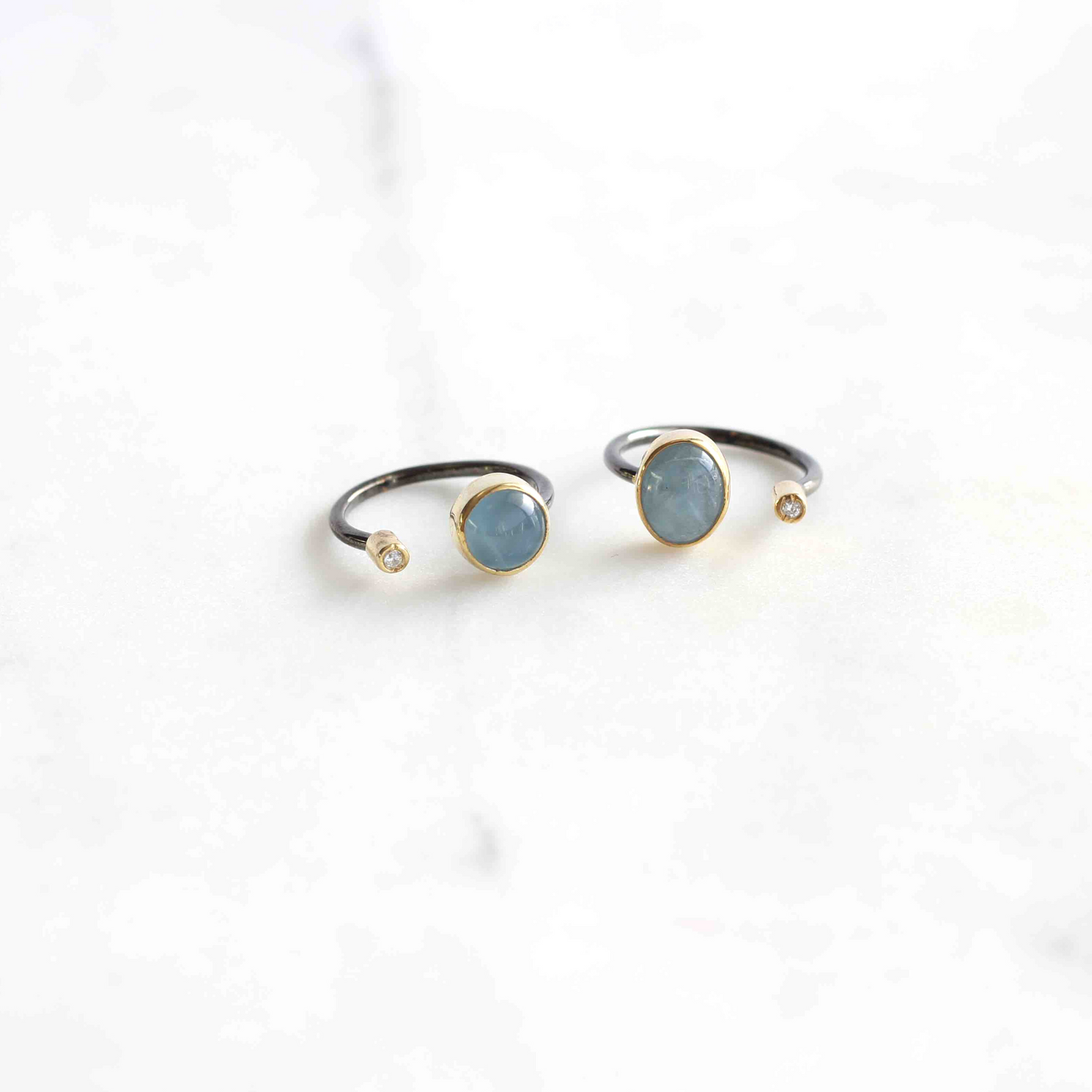 Minimal natural Aquamarine beaded Sterling Silver Gemstone Rings white zircon on side, and they are adjustable from the bottom.