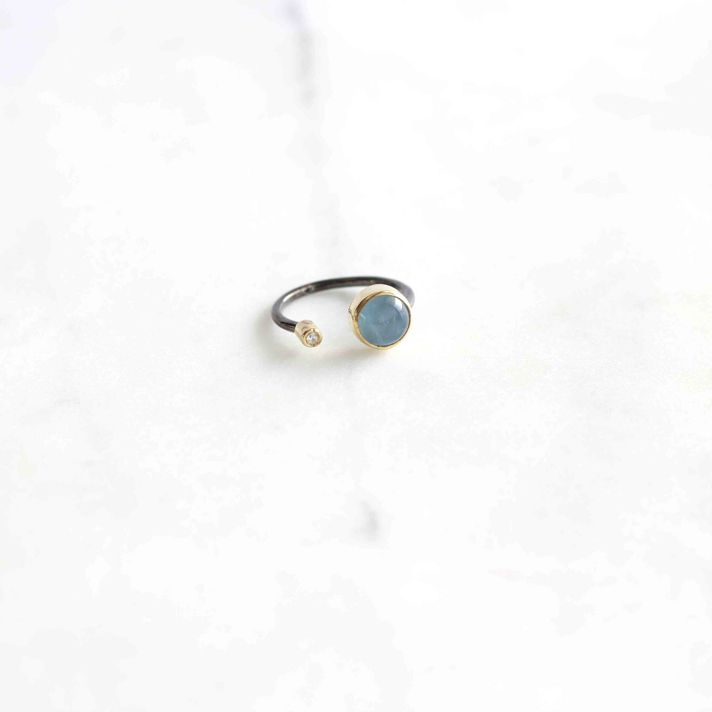 Minimal natural Aquamarine beaded Sterling Silver Gemstone Rings white zircon on side, and they are adjustable from the bottom.