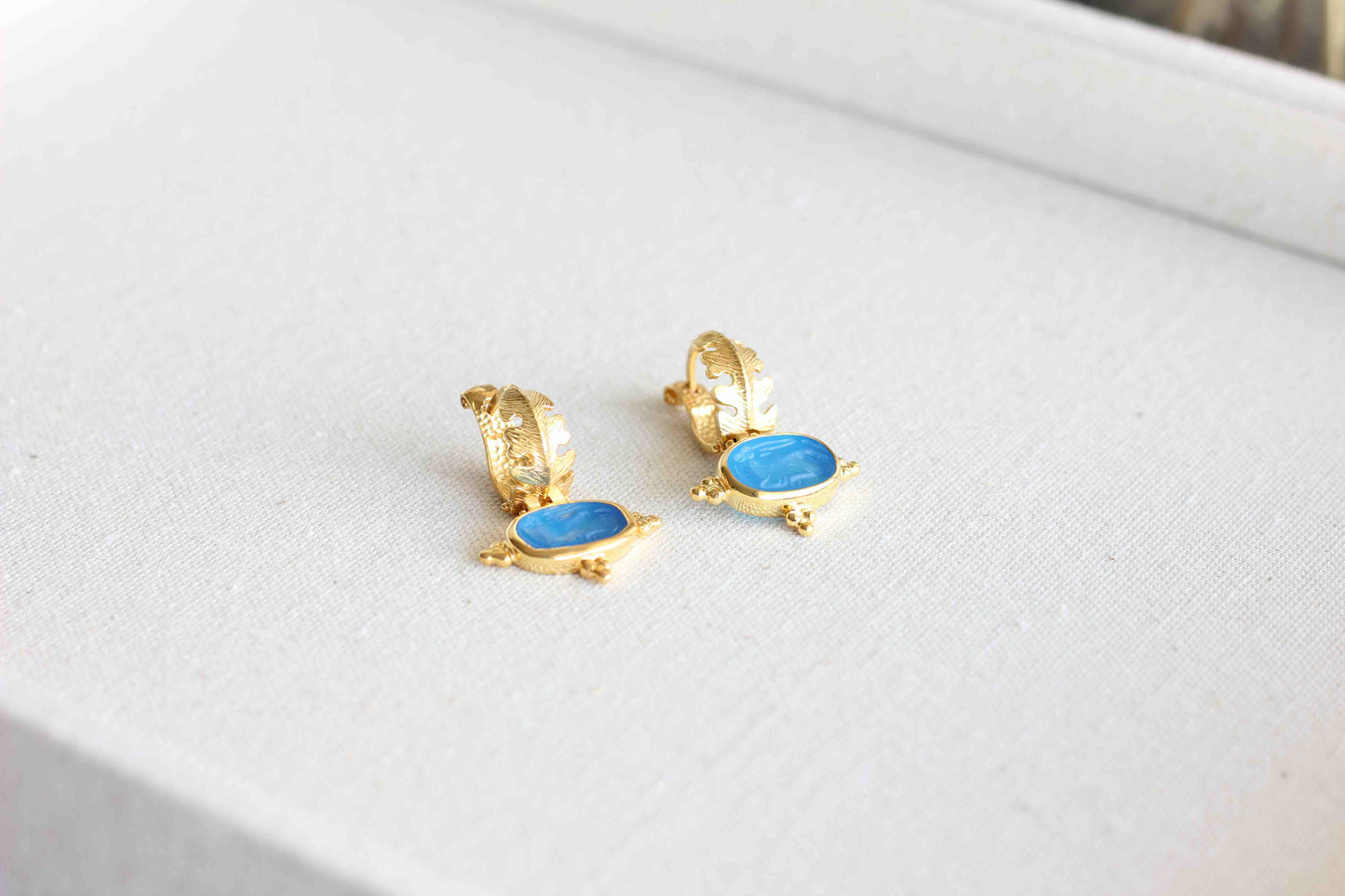 Gold Ancient Greek Blue Agate Earrings