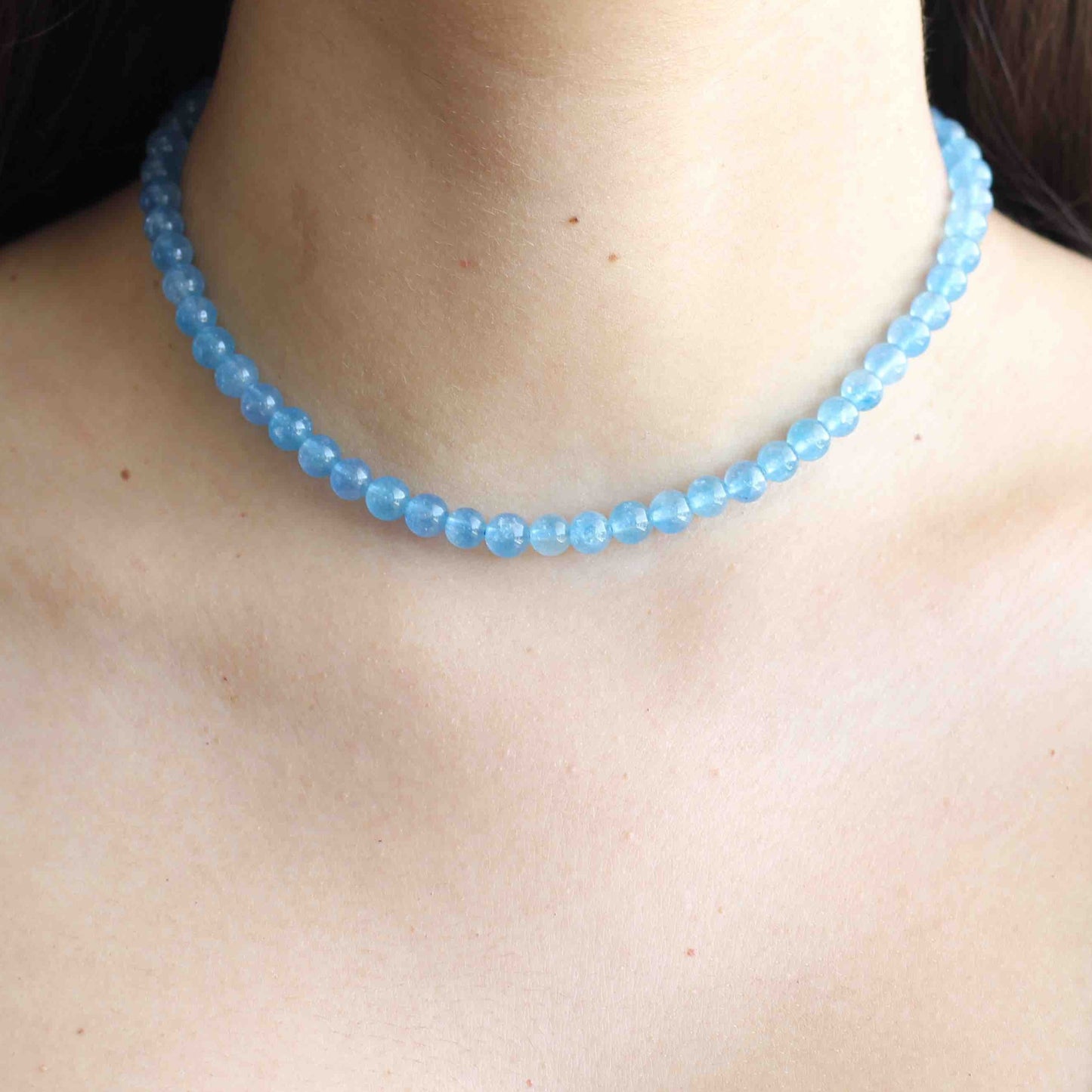 Handmade Minimalist Blue Quartz Beaded Gemstone Choker Necklace with Sterling Silver Closure