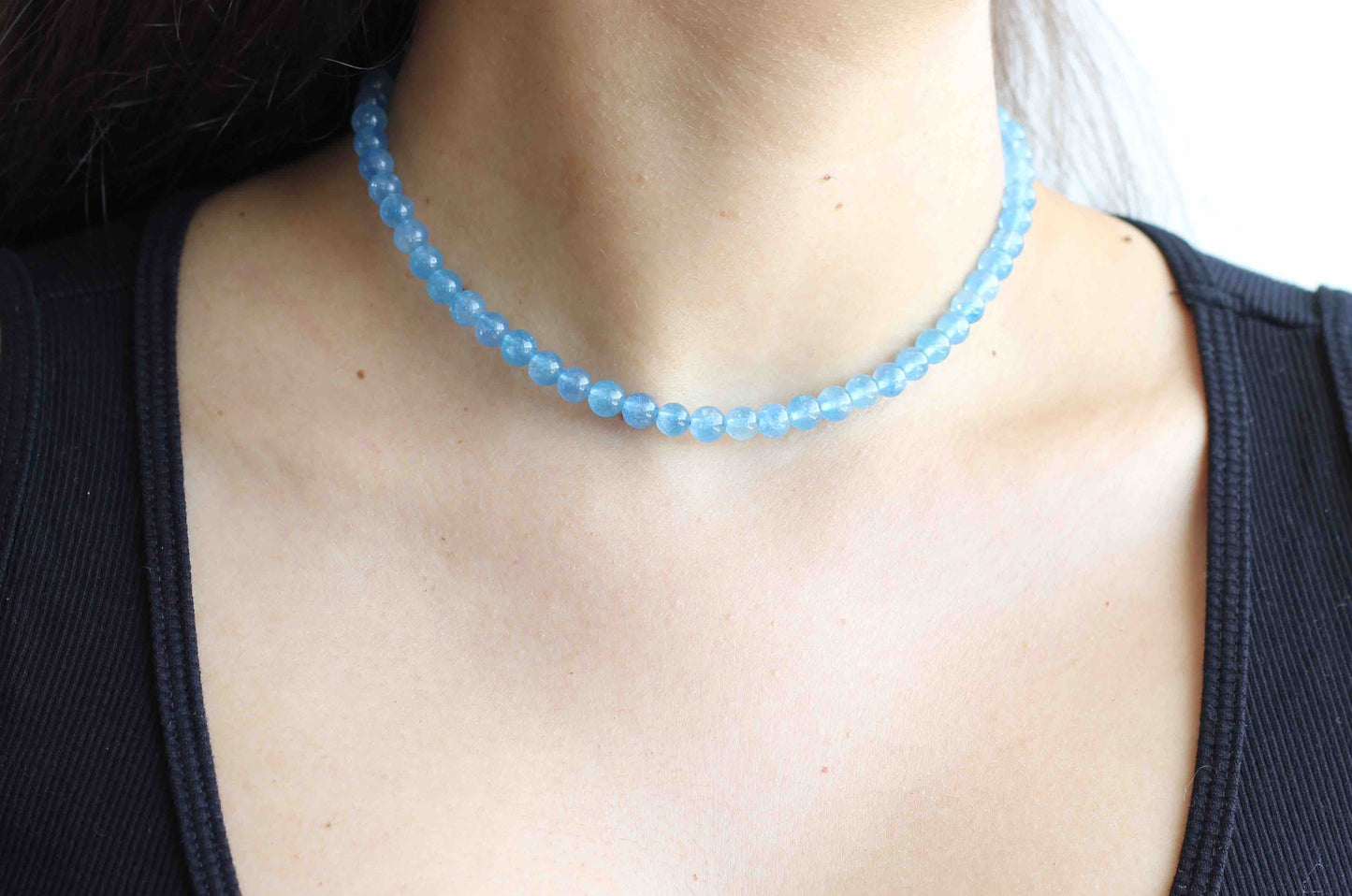 Handmade Minimalist Blue Quartz Beaded Gemstone Choker Necklace with Sterling Silver Closure